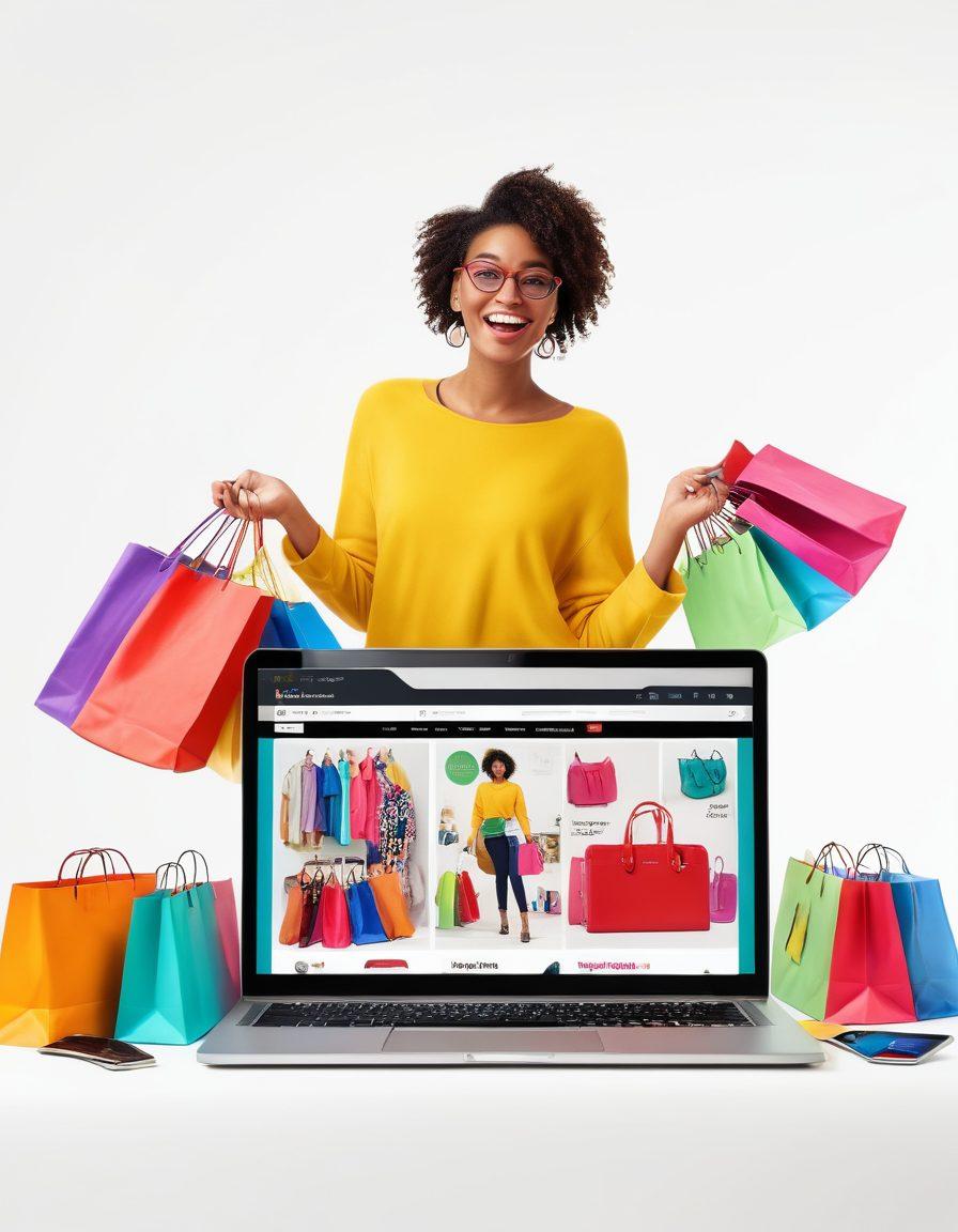 A vibrant shopping scene featuring a cheerful shopper exploring a digital marketplace. Showcases stylish clothing, eye-catching deals, and a laptop displaying the Wilsomart website. Include colorful shopping bags and trendy accessories scattered around, symbolizing smart shopping. Capture a sense of excitement and discovery. super-realistic. vibrant colors. white background.