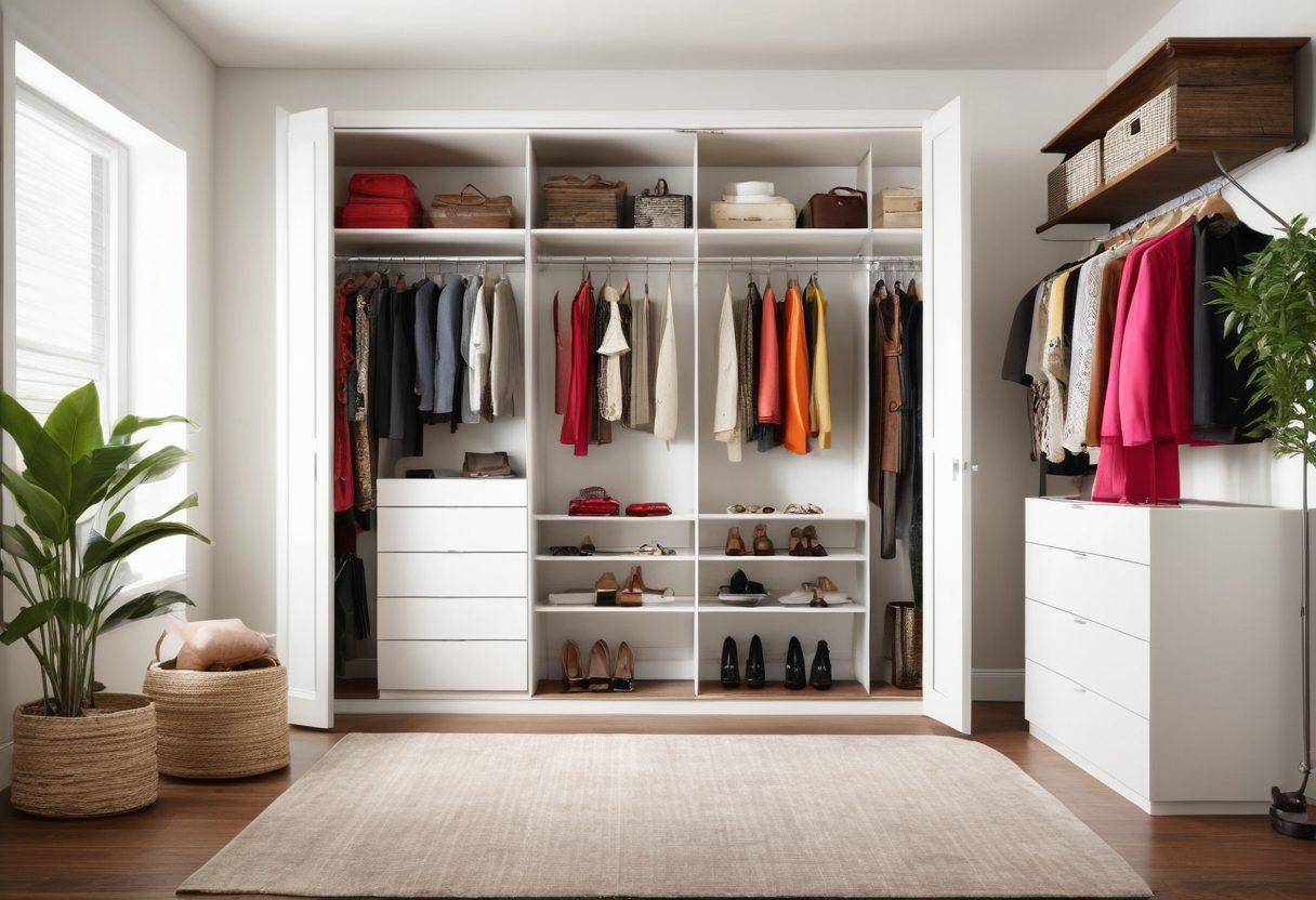 A stylish and modern closet filled with trendy clothing and accessories, alongside a beautifully furnished home setting featuring chic furniture and decor. Incorporate vibrant colors and a warm, inviting atmosphere, showcasing a blend of fashion and home furnishings in harmony. Add subtle details like plants and decorative items to enhance the aesthetic. super-realistic. vibrant colors. white background.