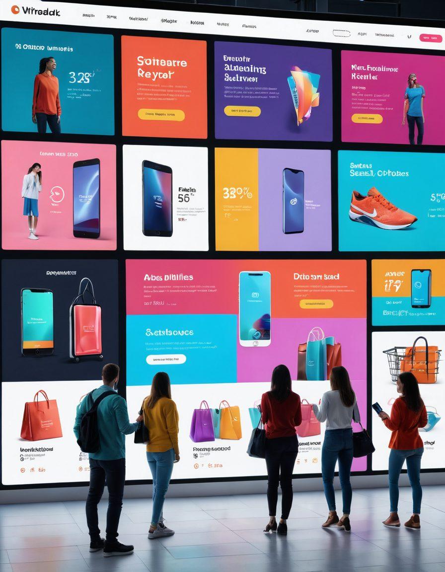 A visually engaging scene featuring a diverse group of shoppers excitedly browsing a bright, futuristic e-commerce platform on large screens. Show vibrant graphics of sales, discounts, and smart shopping tools like price comparison and user reviews. Incorporate elements of technology and innovation, such as smart devices and shopping apps, while showcasing an array of products for an immersive experience. The background should have a friendly, inviting e-commerce theme. super-realistic. vibrant colors. dynamic composition.